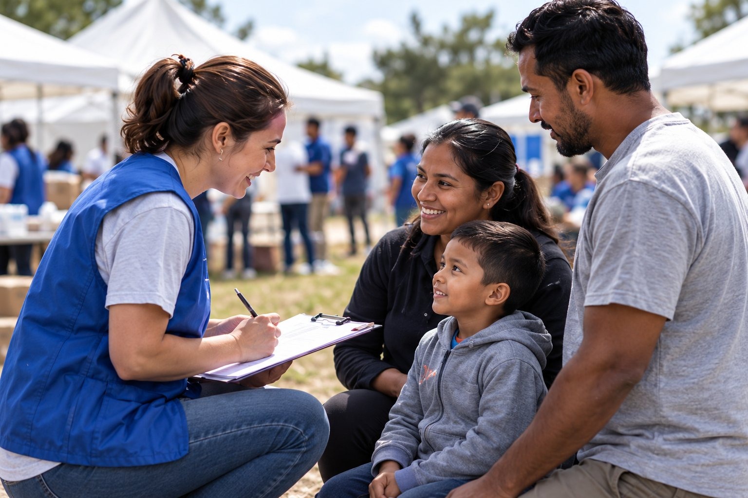 Illustration of a volunteer speaking with a family